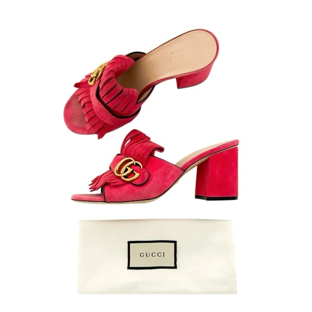 Gucci Marmont GG Logo Hot Pink Red Suede Fringed High Heeled Mules Slides 37.5 - Picture 1 of 12